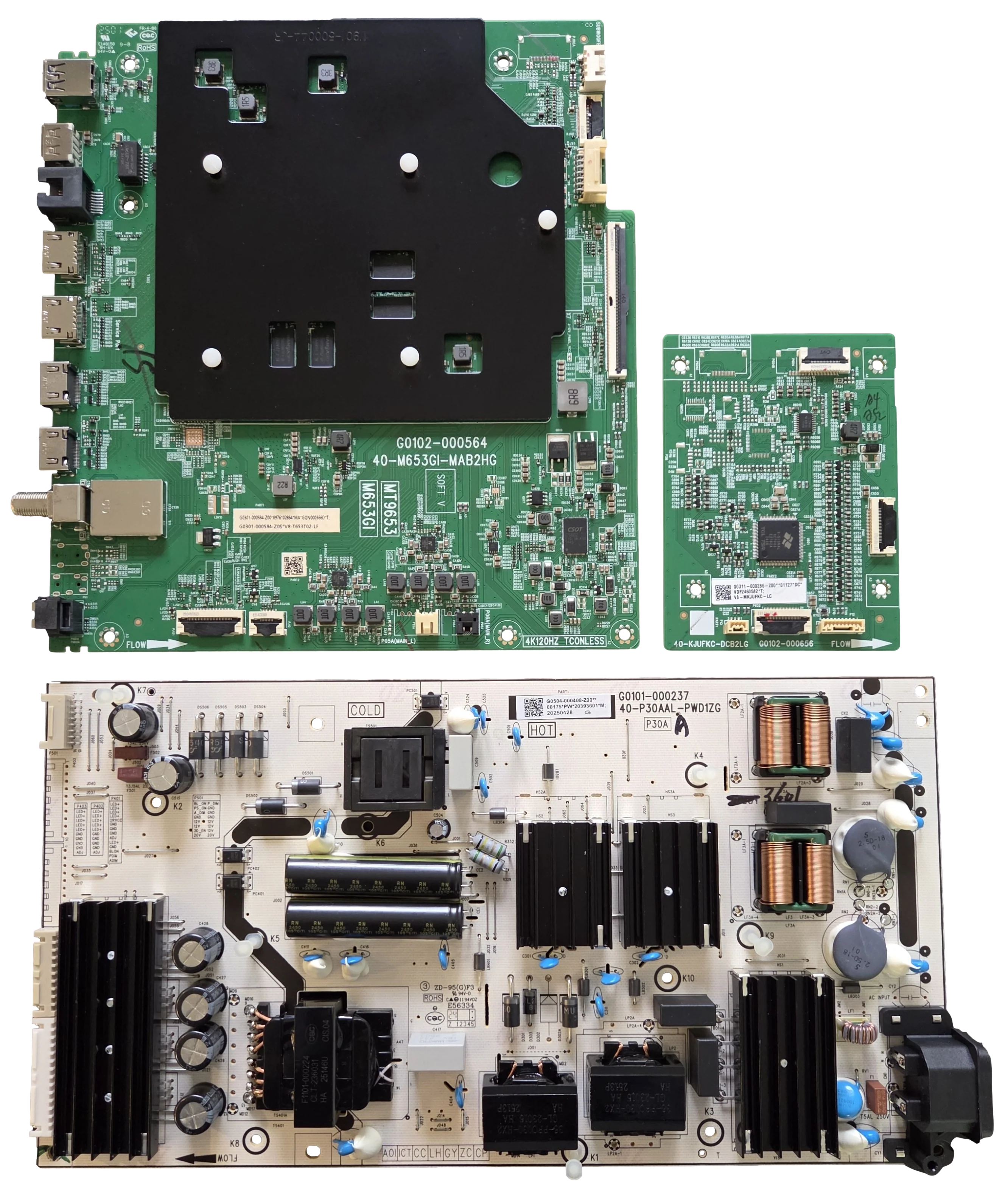 65QM7K TCL TV Repair Parts Kit, G0301-000584-Z00 Main Board, G0504-000408-Z00 Power Supply, G0311-000286-Z00 LED Board, 65QM7K