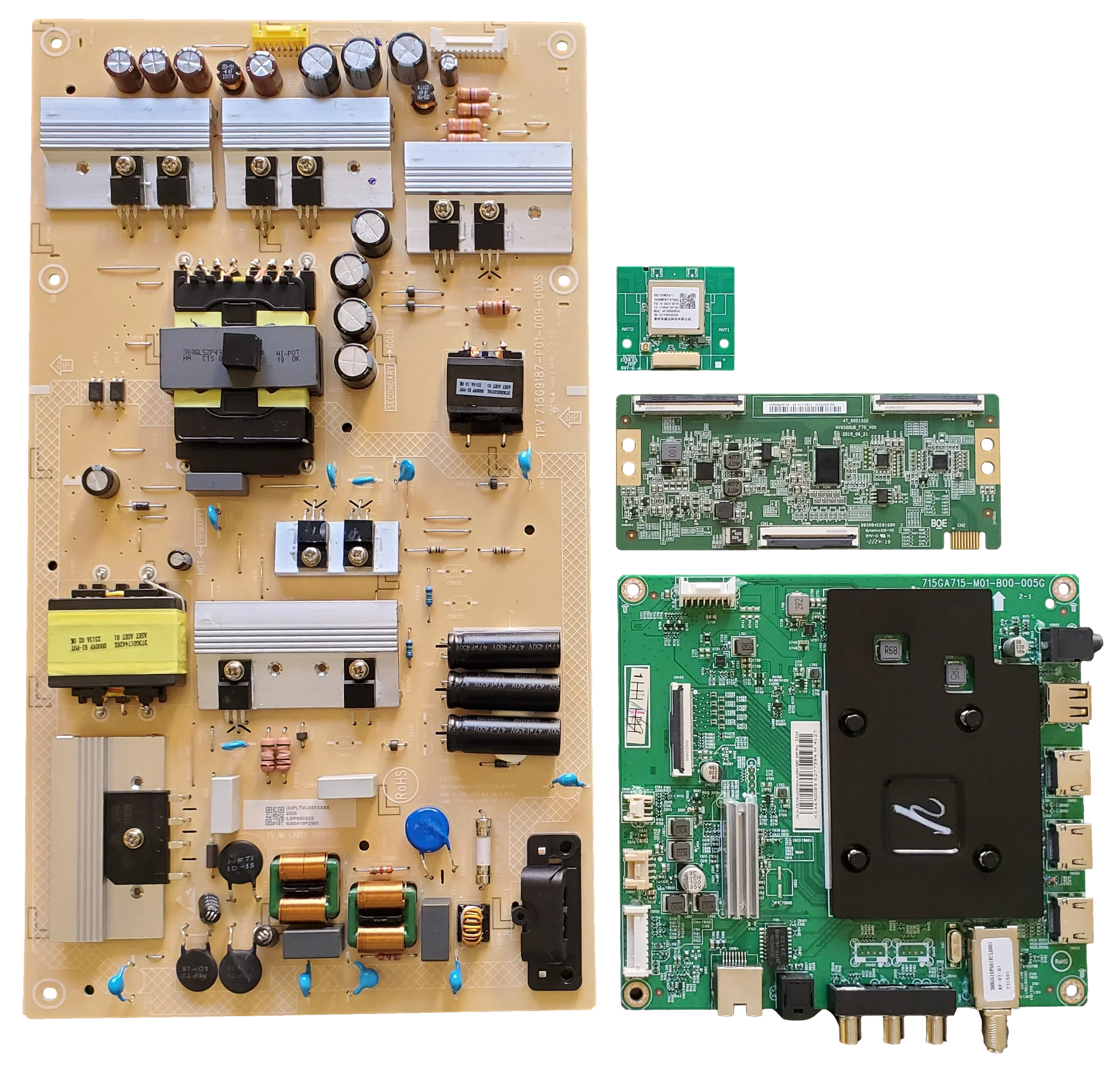 NS-65F301NA23 Insignia TV Repair Parts Kit, 756TXLCB02K122 Main Board, PLTVLI351XXB5 Power Supply, HV650QUBF70 T-Con, 368GWFBT757GSD Wifi, NS-65F301NA23 REV A, NS-65F301NA23