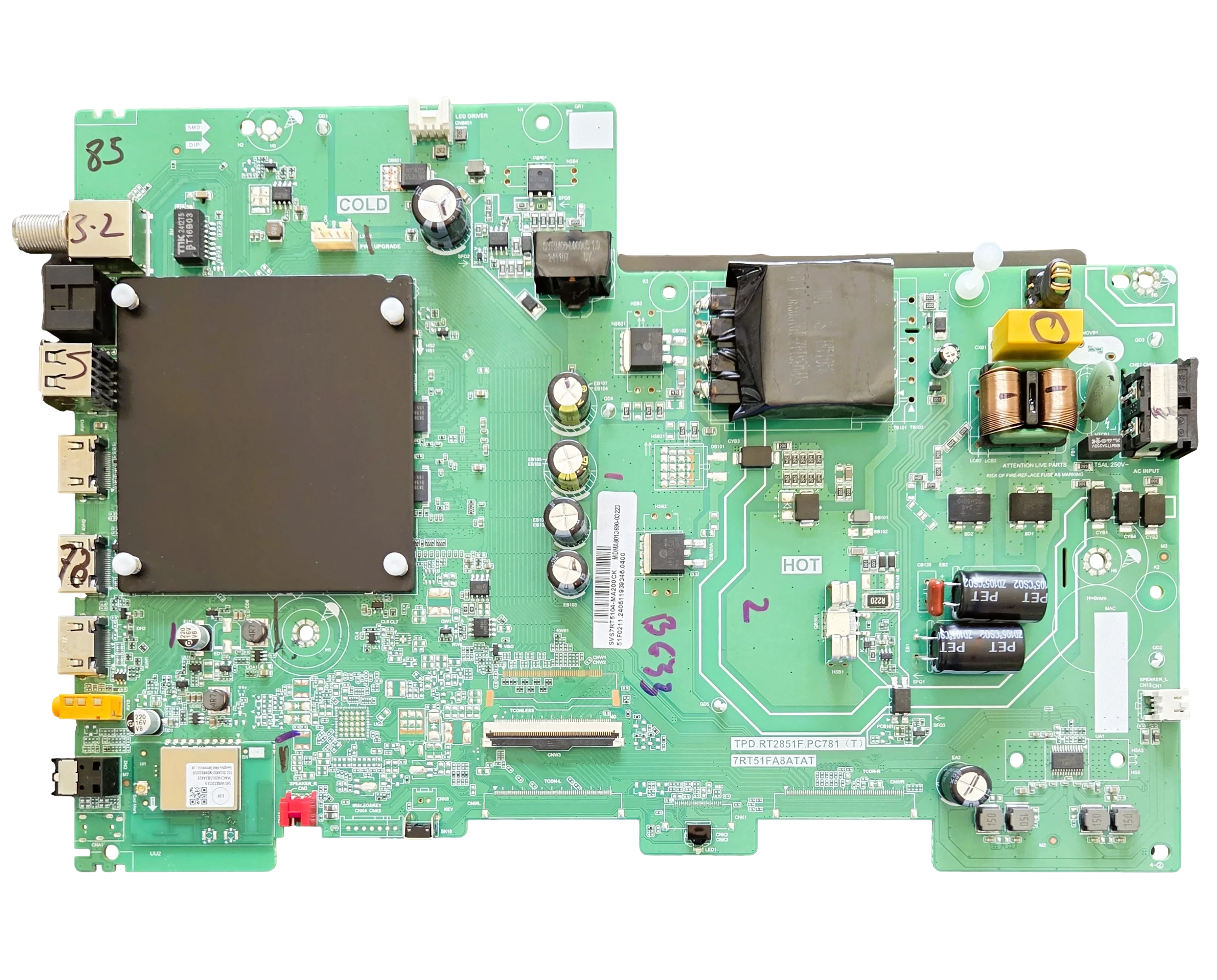 SVS7RT5104-MA200CK Philips Main Board, SVS7RT5104-MA200CK, TPD.RT2851F.PC781 (T), 7RT51FA8ATAT, 43PUL7652/F7