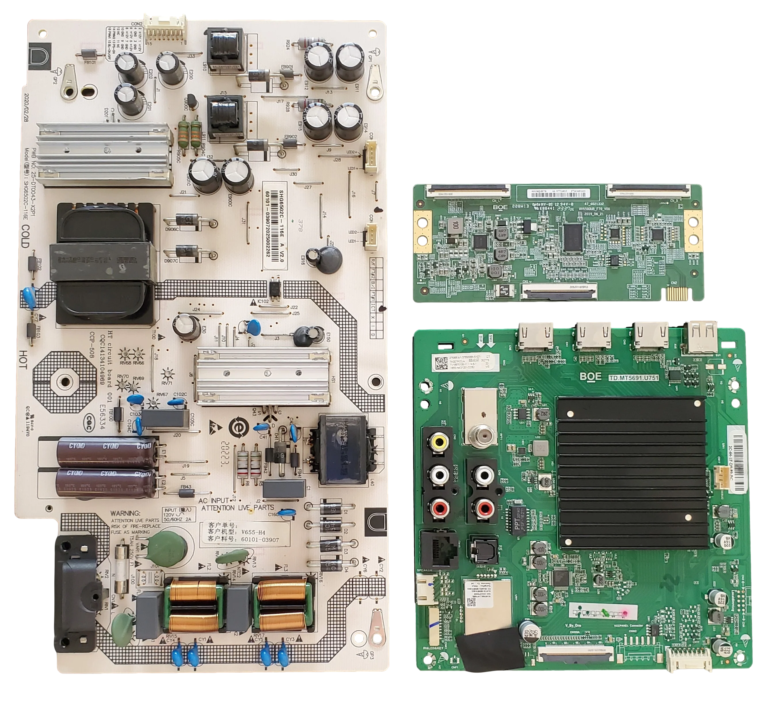 V655-H4 Vizio TV Repair Parts Kit, 60103-00629 Main Board, 60101-03907 Power Supply, HV650QUBF70 T-Con, V655-H4
