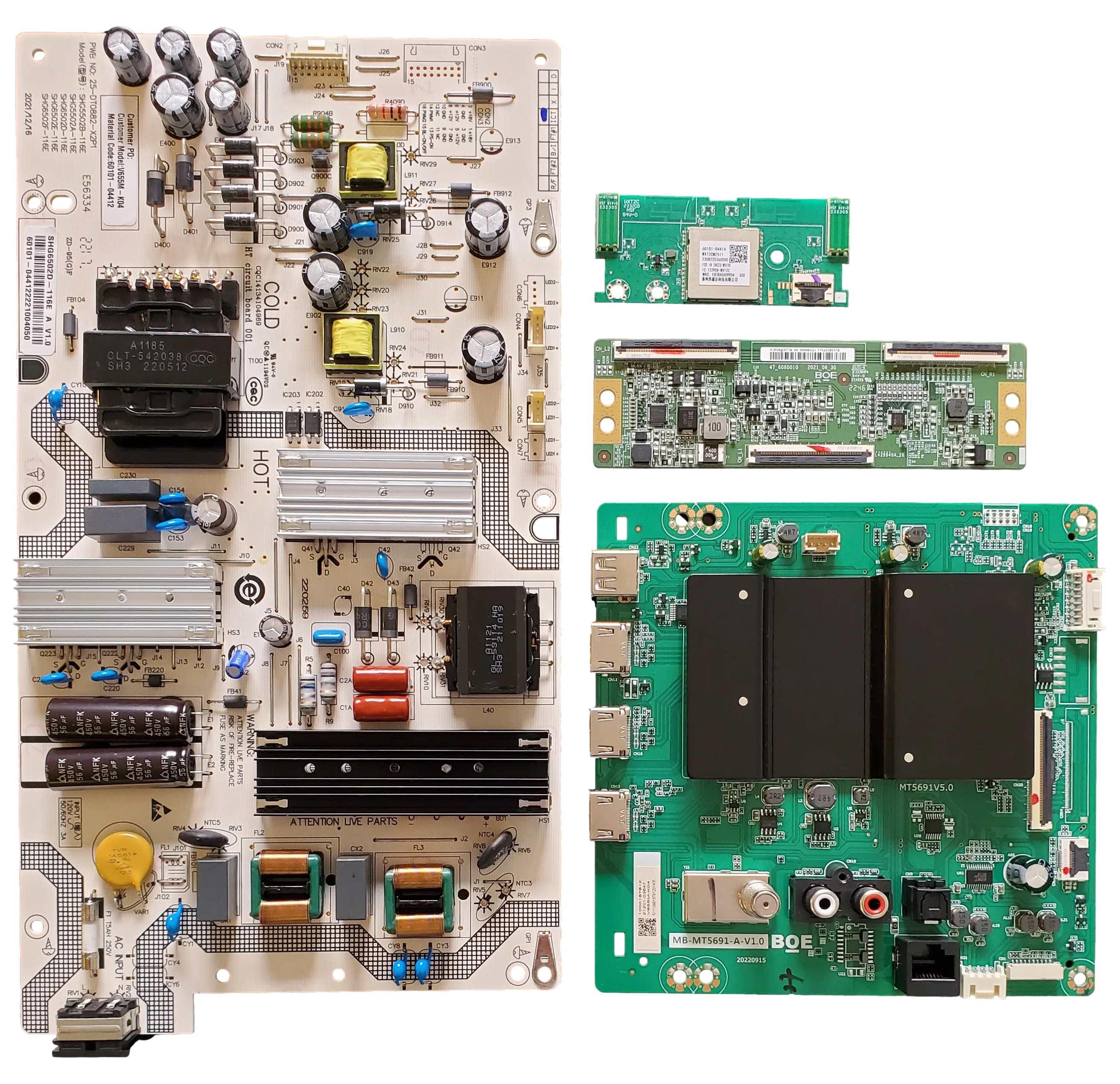 V655M-K04 Vizio TV Repair Parts Kit, 21201-03647 Main Board, 60101-04412 Power Supply, 44-98900220 T-Con, 60101-04414 Wifi, V655M-K04