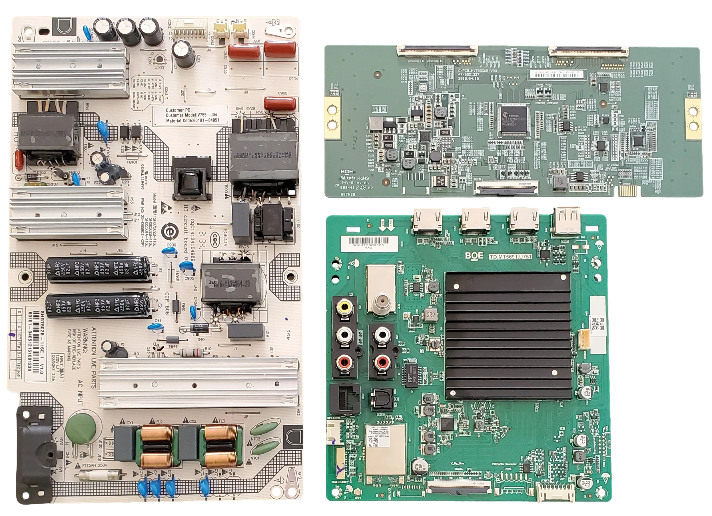 V755-J04 Vizio TV Repair parts Kit, 60103-00756 Main Board, 60101-04051 Power Supply, 44-977178B T-Con, V755-J04